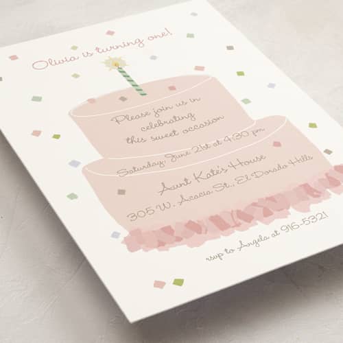 This is a blush kids birthday invitations with standard by Tina Faselli called confetti party printing on signature in standard