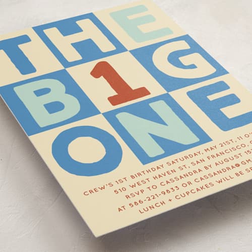 This is a frost kids birthday invitations with standard by Baumbirdy called blocks printing on signature in standard