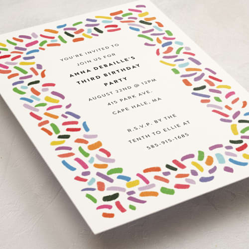 This is a gumdrops kids birthday invitations with standard by Up Up Creative called confetti sprinkle printing on signature in standard