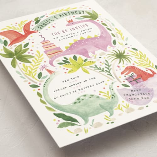 This is a forest kids birthday invitations with standard by Sarah Knight called party dinos printing on signature in standard