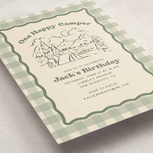 This is a sage kids birthday invitations with standard by Creo Study called one happy camper printing on signature in standard