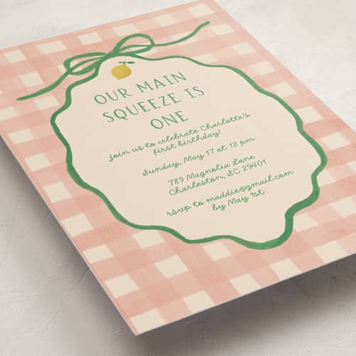 This is a strawberry match kids birthday invitations with standard by Vera Lim called lemonade printing on signature in standard