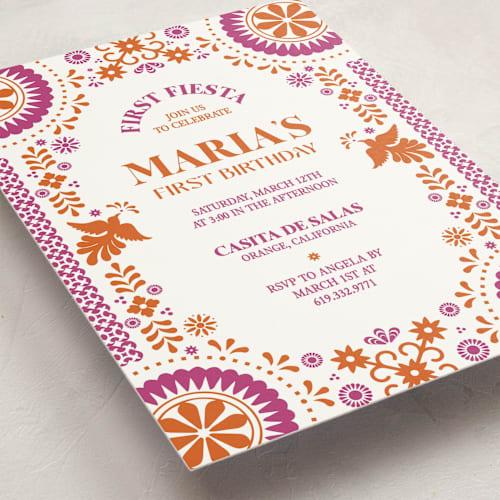 This is a gumdrop kids birthday invitations with standard by Eva Tadros called let's fiesta printing on signature in standard