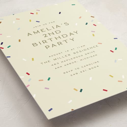 This is a cream kids birthday invitations with standard by Ellen Schlegelmilch called tiny bold sprinkles printing on signature in standard