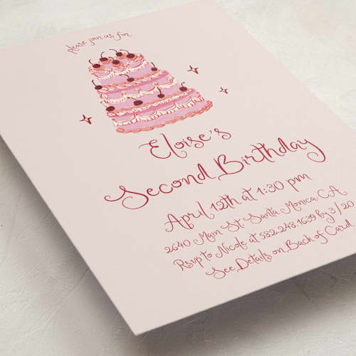 This is a blush kids birthday invitations with standard by Cass Loh called vintage birthday cake printing on signature in standard