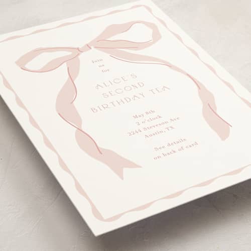 This is a blush kids birthday invitations with standard by Baumbirdy called framed bow printing on signature in standard