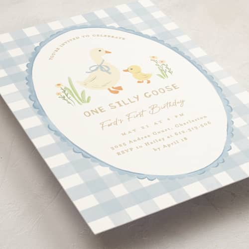 This is a sky kids birthday invitations with standard by Creo Study called vintage goose printing on signature in standard