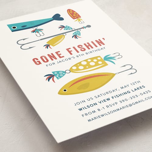 This is a ocean kids birthday invitations with standard by Bethany Anderson called gone fishin' printing on signature in standard