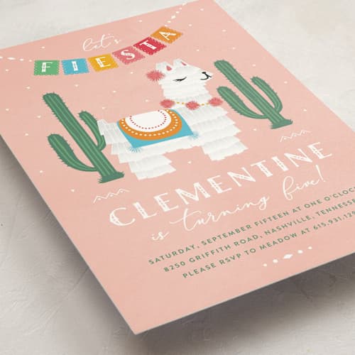 This is a strawberry kids birthday invitations with standard by Jennifer Lew called llama piñata printing on signature in standard