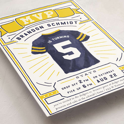 This is a school bus kids birthday invitations with standard by Shiny Penny Studio called mvp collectors card printing on signature in standard
