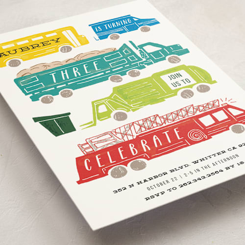 This is a bright turquoise kids birthday invitations with standard by Shiny Penny Studio called things that g0 printing on signature in standard