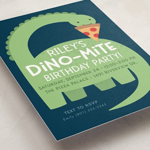 This is a leaf kids birthday invitations with standard by Kacey Kendrick Wagner called arched dinosaur printing on signature in standard