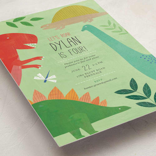 This is a forest kids birthday invitations with standard by melanie mikecz called let's roar dinosaur printing on signature in standard