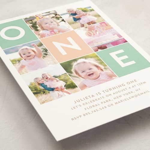 This is a seafoam kids birthday invitations with standard by Joanne James called simply one printing on signature in standard
