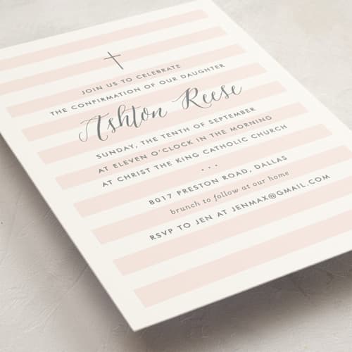 This is a blush confirmation invitations cards with standard by Lauren Chism called sleek printing on signature in standard