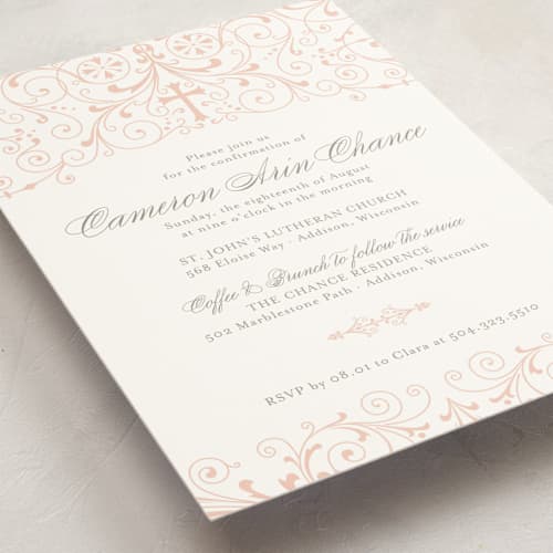 This is a soft peach confirmation invitations cards with standard by Sarah Brown called graceful printing on signature in standard