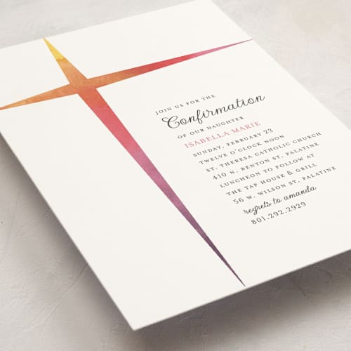 This is a vanilla confirmation invitations cards with standard by Beth Schneider called ombre cross printing on signature in standard
