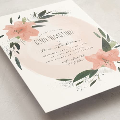 This is a blush confirmation invitations cards with standard by Leah Bisch called floral burst printing on signature in standard