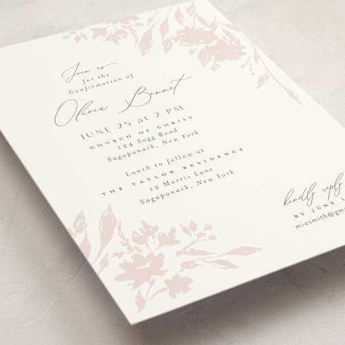 This is a peony confirmation invitations cards with standard by Nicoletta Savod called blushed printing on signature in standard