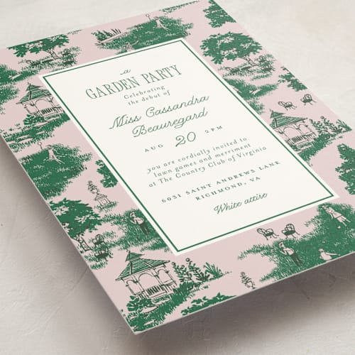 This is a orchid debutante party invitations with standard by Leia Matt called greenfield toile printing on signature in standard