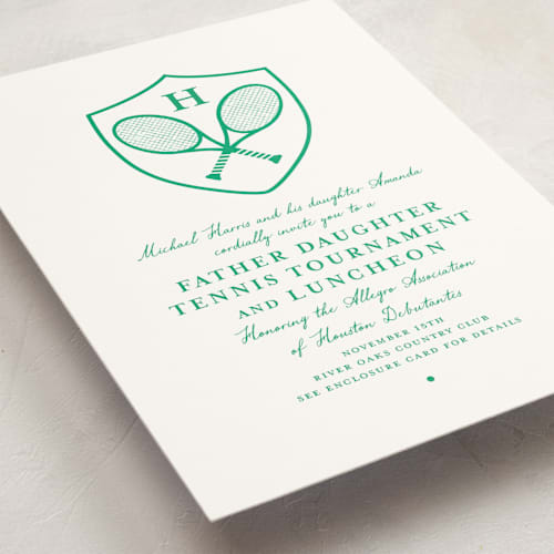 This is a grass debutante party invitations with standard by mo kelley called tennis crest printing on signature in standard