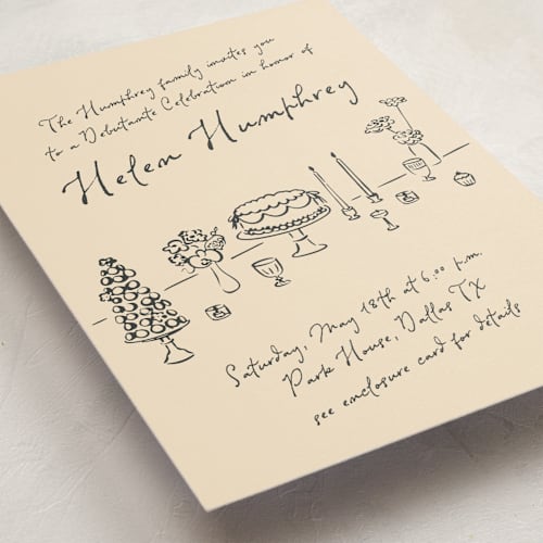 This is a ink debutante party invitations with standard by Zove Ahhh called festive table printing on signature in standard