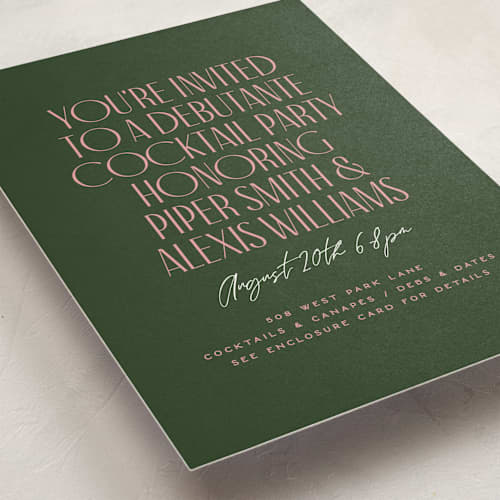 This is a spruce debutante party invitations with standard by Owl and Toad called personality printing on signature in standard