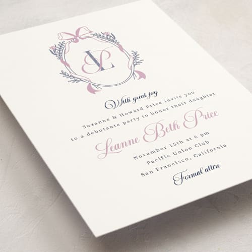 This is a lavender debutante party invitations with standard by letterfix called monogram crest printing on signature in standard