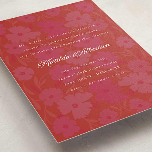 This is a flamingo debutante party invitations with standard by Morgan Kendall called baroque printing on signature in standard