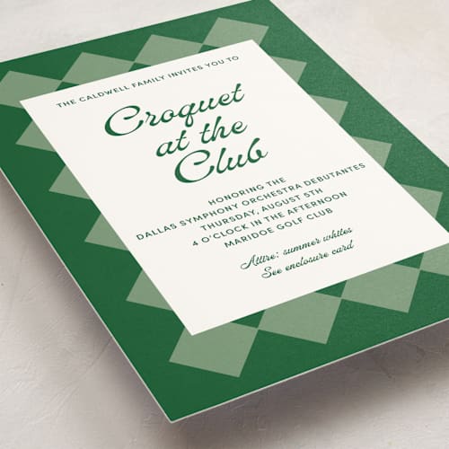 This is a green lawn debutante party invitations with standard by Inkblot Design called argyle printing on signature in standard