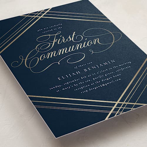 This is a midnight blue confirmation invitations cards with foil pressed by Erin Deegan called fancy printing on signature in standard