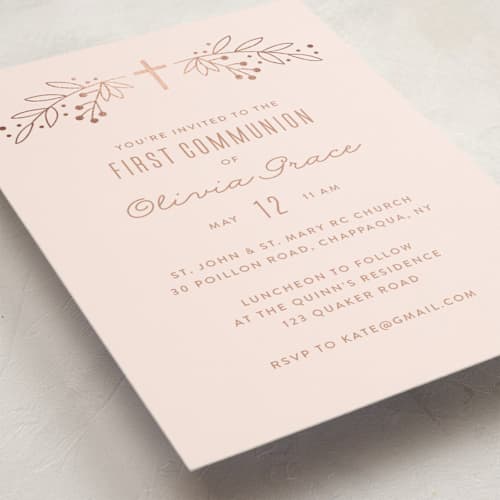 This is a blush confirmation invitations cards with foil pressed by Annie Holmquist called gilded cross printing on signature in standard