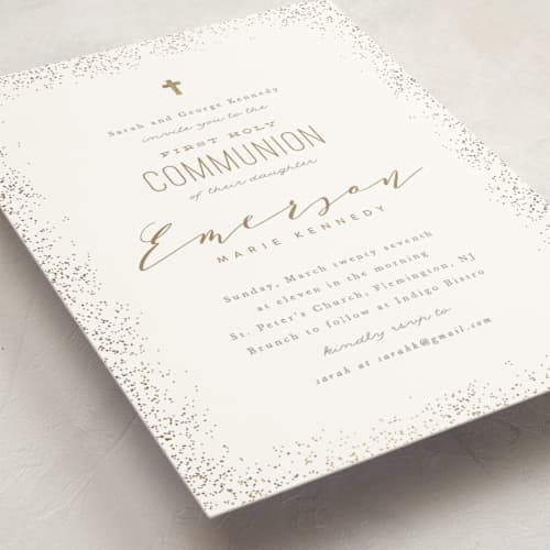 This is a champagne confirmation invitations cards with foil pressed by Creo Study called heavenly blessings printing on signature in standard