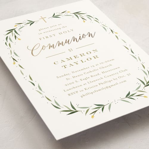 This is a leaf confirmation invitations cards with foil pressed by Carolyn MacLaren called eucalyptus wreath printing on signature in standard