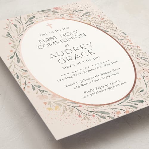 This is a rose confirmation invitations cards with foil pressed by Nicoletta Savod called graceful printing on signature in standard