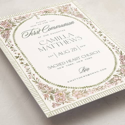 This is a rose confirmation invitations cards with foil pressed by Jenna Holcomb called wildflower frame printing on signature in standard