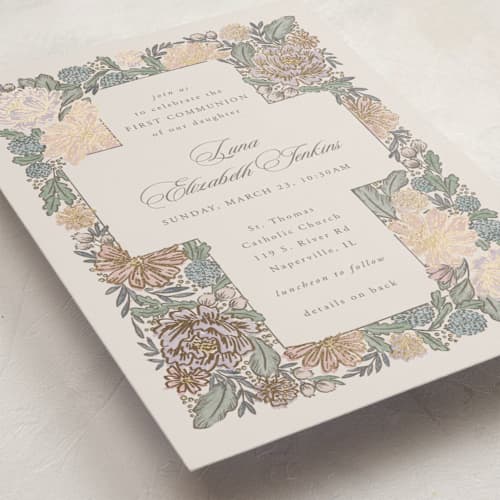 This is a peony confirmation invitations cards with foil pressed by Jen Owens called blooming printing on signature in standard
