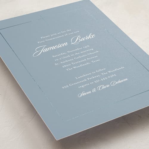 This is a bluebell confirmation invitations cards with foil pressed by Jessica Williams called covenant printing on signature in standard
