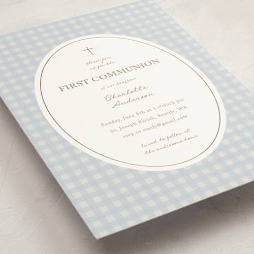 This is a powder confirmation invitations cards with foil pressed by Stephanie Heinrich Godbout called gentle beginnings printing on signature in standard