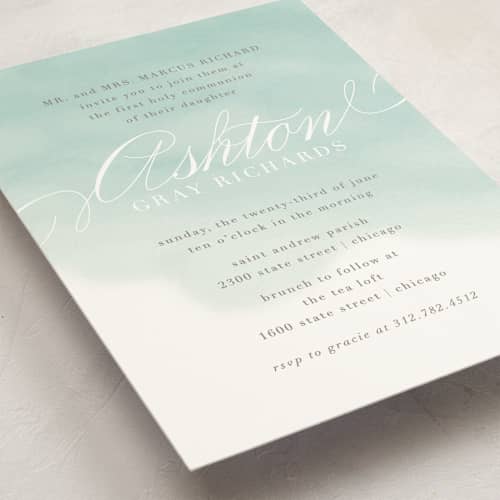 This is a aqua communion invitations announcements with standard by Lehan Veenker called water wash printing on signature in standard