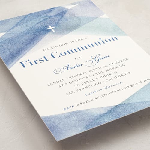 This is a ocean communion invitations announcements with standard by Shannon Chen of Four Wet Feet Studio called watercolor stripes printing on signature in standard