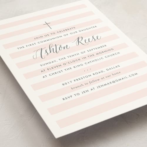 This is a blush communion invitations announcements with standard by Lauren Chism called sleek printing on signature in standard