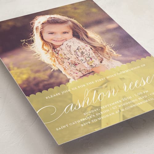 This is a lime communion invitations announcements with standard by Annie Clark called sweet scallop printing on signature in standard