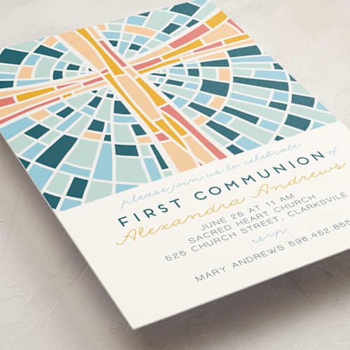 This is a blue sky communion invitations announcements with standard by Ilze Lucero called stained glass illustration printing on signature in standard
