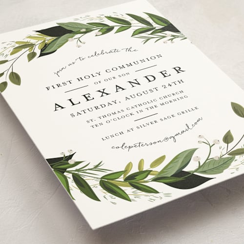 This is a fern communion invitations announcements with standard by Susan Moyal called vines of green printing on signature in standard