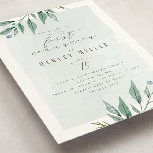 This is a sea breeze communion invitations announcements with standard by Karidy Walker called soft branches printing on signature in standard