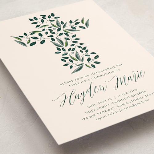 This is a cream communion invitations announcements with standard by Haley Warner called eden printing on signature in standard
