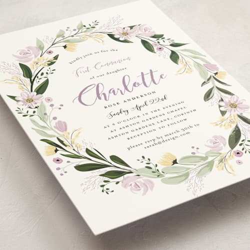 This is a grape communion invitations announcements with standard by Susan Moyal called floral sprinkle printing on signature in standard