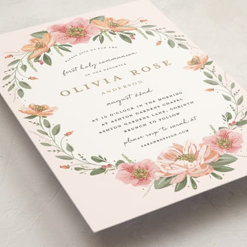 This is a blush communion invitations announcements with standard by Susan Moyal called garden celebration printing on signature in standard