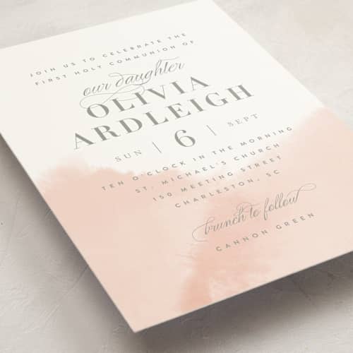 This is a blush communion invitations announcements with standard by Kristie Kern called whisper printing on signature in standard